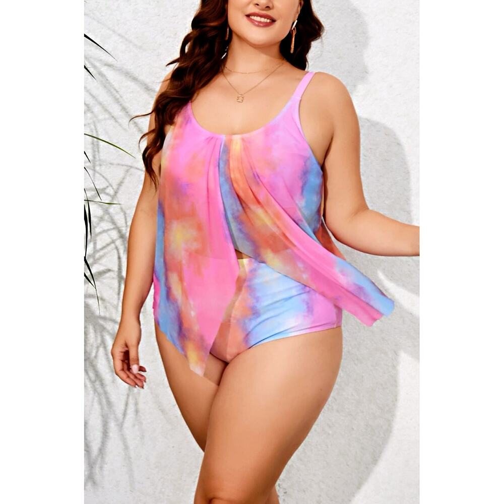 Plus Size 3X 4X Bright Tie Dye Mesh Overlay Tankini Swimsuit Swim Set
